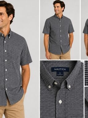 Nautica Men's Black & White Short-Sleeve Micro-Check Button-Down Shirt